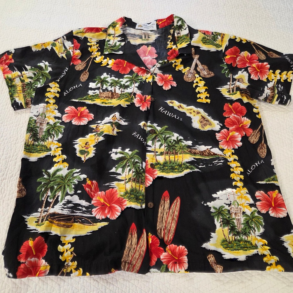Alohawears Mens XL Black Hibiscus Hula Hawaiian Aloha Shirt‎ Made in Hawaii USA